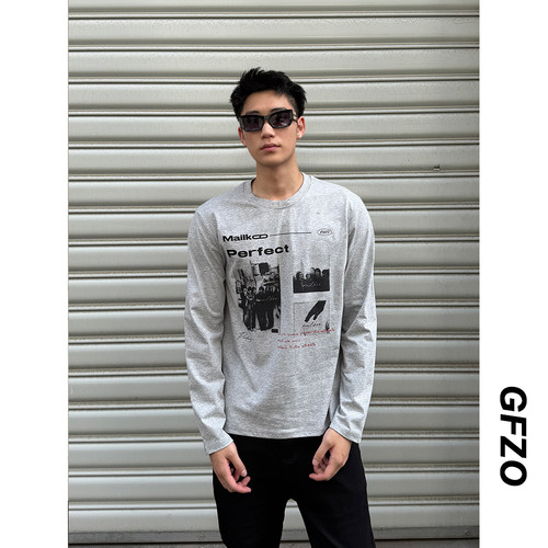 G501美式复古印花长袖T恤男