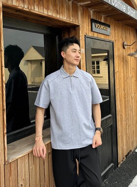 夏季重磅新款针织翻领明线半拉链POLO衫拼接百搭休闲短袖男士T恤