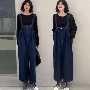 春季大码女装胖mm显瘦遮肚韩版休闲牛仔背带裤连体裤打底T恤套装