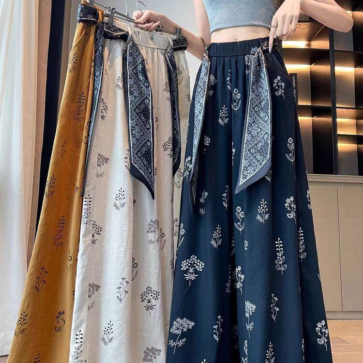 民族风印花阔腿裤女高腰显瘦宽松九分裤休闲百搭松紧腰裤子