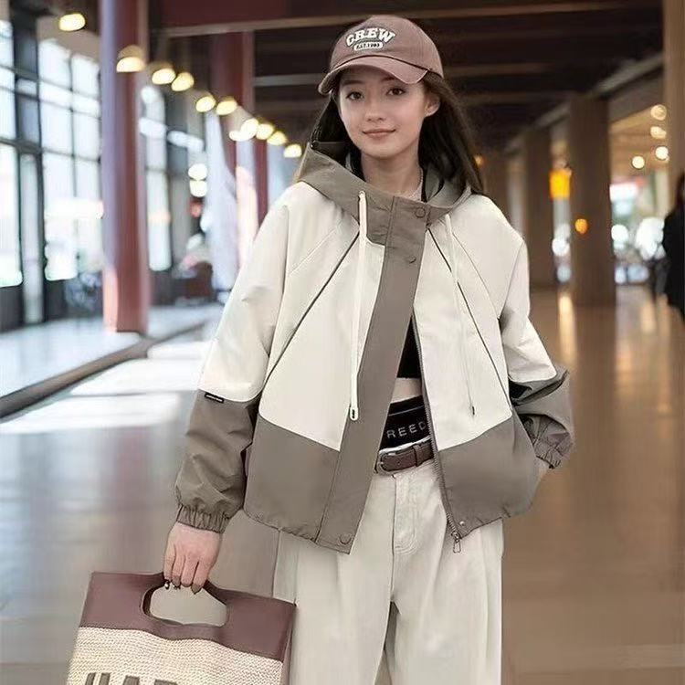 撞色连帽冲锋衣外套女2025春新款韩版宽松百搭休闲棒球服