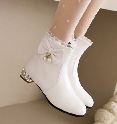 2023秋冬加绒女童靴子短靴小女孩白色低跟平跟公主皮靴儿童马丁靴