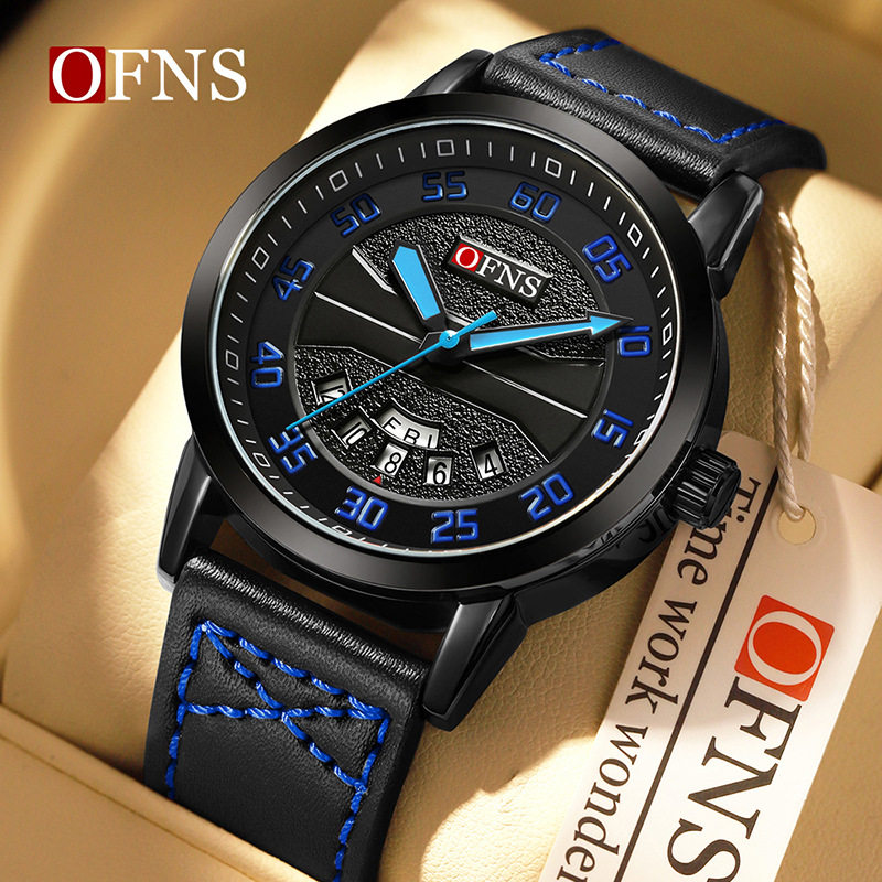 欧范尼男士腕表双日历皮带青少年休闲石英表防水通勤商务男表