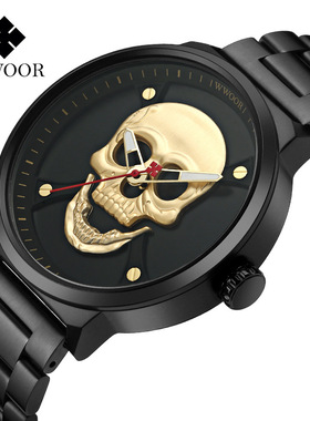 wwoor爆款时尚骷髅头男士网带石英手表黑色实心钢带创意手表