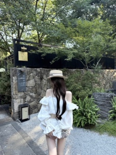 GGQSDZ 买手*paris g*法式一字肩花苞褶皱泡泡袖露肩衬衫抹胸上衣