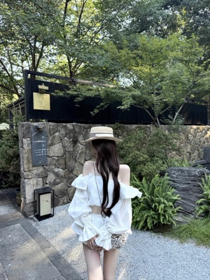 GGQSDZ 买手*paris g*法式一字肩花苞褶皱泡泡袖露肩衬衫抹胸上衣