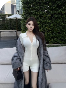 GGQSDZ【冬日千金】羊毛针织翻领白色连体衣高腰修身短裤针织衫
