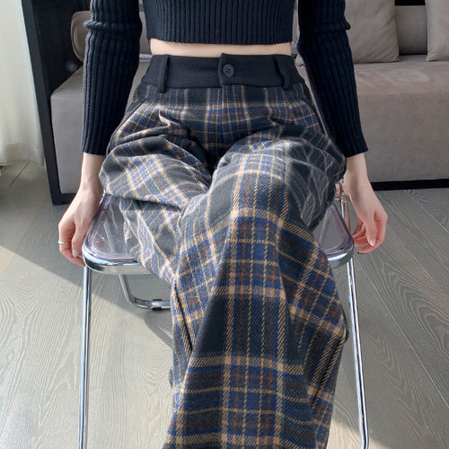 蓝格毛呢裤子女格子裤高腰阔腿