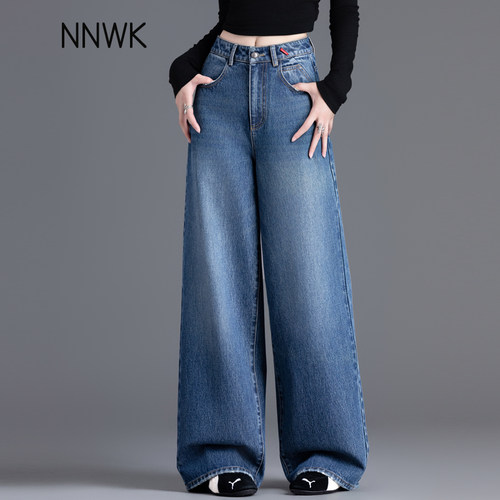 深蓝色牛仔裤女美式直筒弯刀阔腿