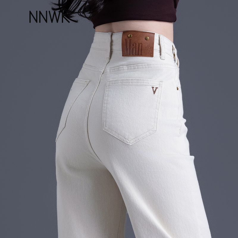 杏色牛仔裤女高腰窄版直筒阔腿裤