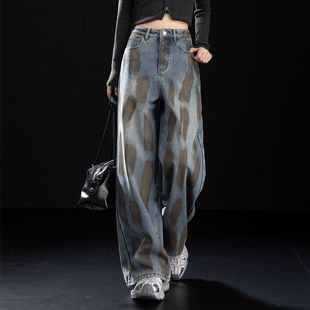 复古加绒牛仔裤 子设计感直筒阔腿裤 女2025新款 加厚脏脏裤 冬季 美式