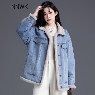 蓝色加绒牛仔外套秋冬加厚派克服