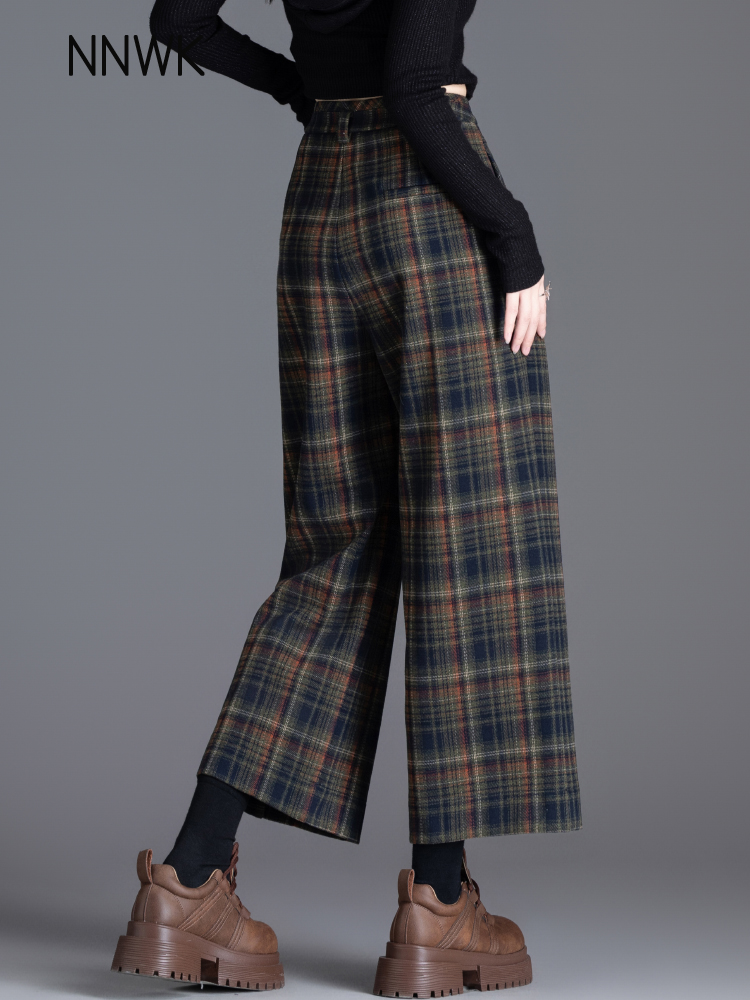 羊毛格子裤子女秋冬天小个子直筒裤休闲裤毛呢阔腿裤今年流行爆款
