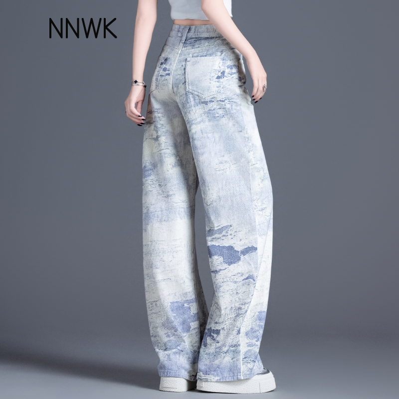 美式复古扎染设计感阔腿牛仔裤女