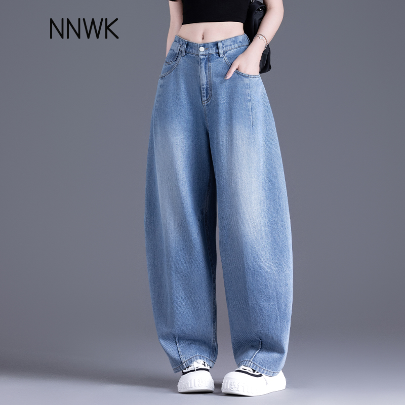 美式蓝色牛仔裤女夏薄款2025新款宽松bf慵懒风弯刀裤小个子镰刀裤
