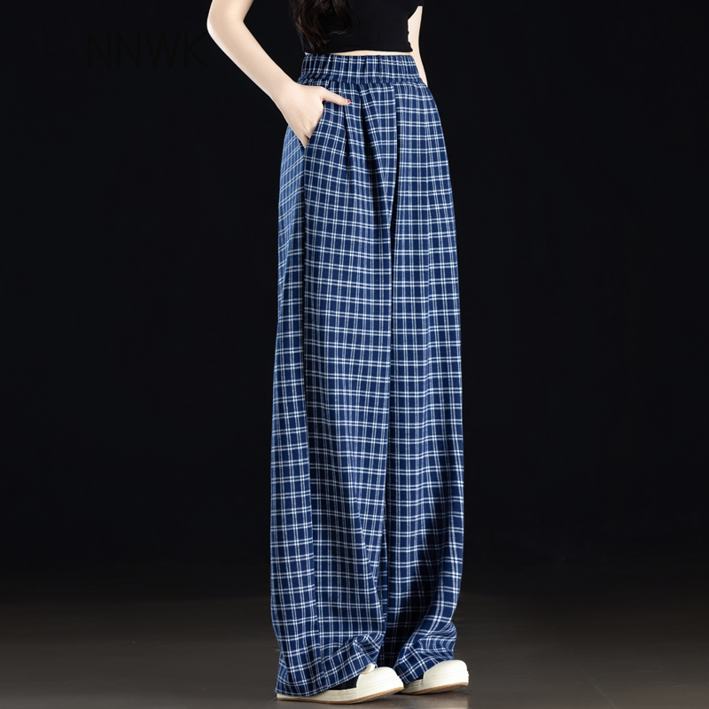 蓝色格子直筒休闲裤垂感松紧高腰