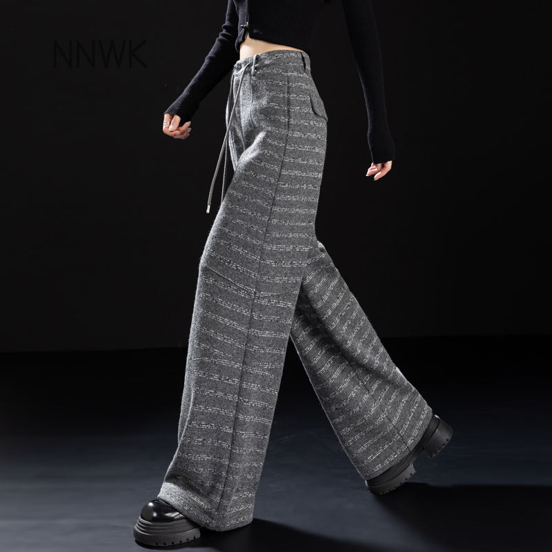 灰色条纹爆款女裤秋冬毛呢阔腿裤