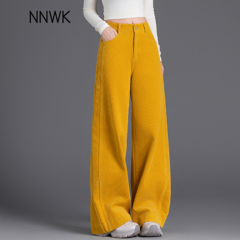 亮黄色灯芯绒阔腿休闲裤女条绒裤