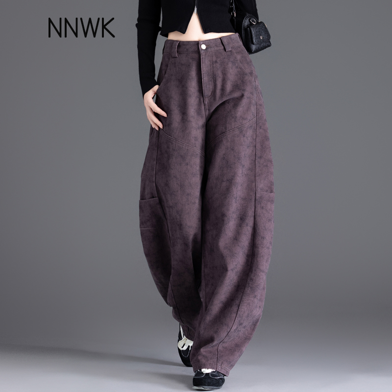 紫色美式牛仔裤女扎染宽松弯刀裤