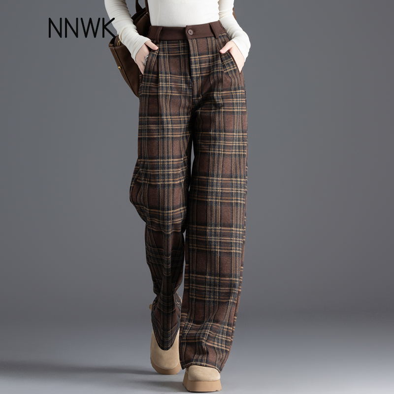 咖色格子毛呢阔腿裤窄版高腰长裤