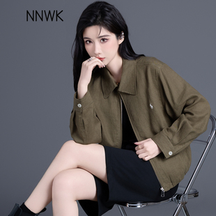 2026新款橄榄绿色亚麻夹克上衣纯色立领翻领短款外套女春秋季薄款