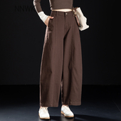 小个子弯刀牛仔裤 子慵懒风九分气球裤 女2026新款 秋冬咖啡色加绒裤