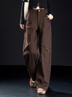 咖啡色加绒牛仔裤女2025新款冬季裤子高腰窄版直筒裤小个子弯刀裤