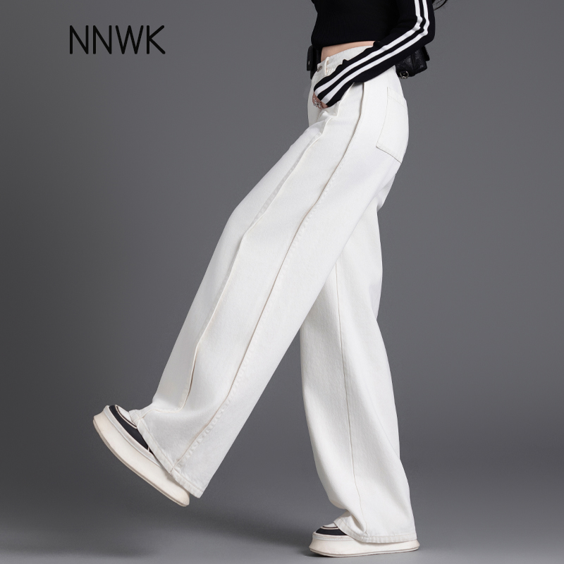 白色裤子牛仔裤女宽松直筒阔腿裤