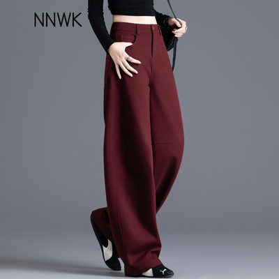 高级感酒红色弯刀休闲裤女香蕉裤