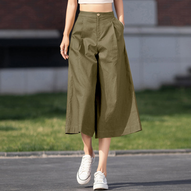 女士阔腿裤女夏季薄款2025新款高腰棉麻女裤垂感休闲亚麻七分裙裤