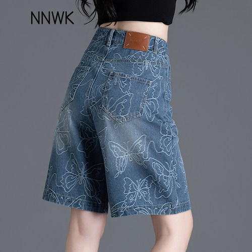 蓝色五分牛仔短裤女提花阔腿中裤
