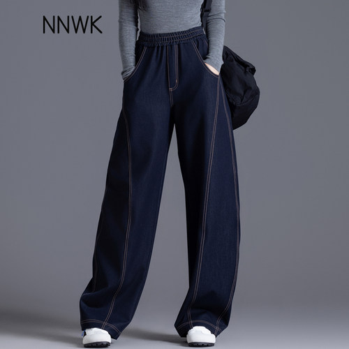 丹宁蓝松紧腰休闲裤西装宽松阔腿