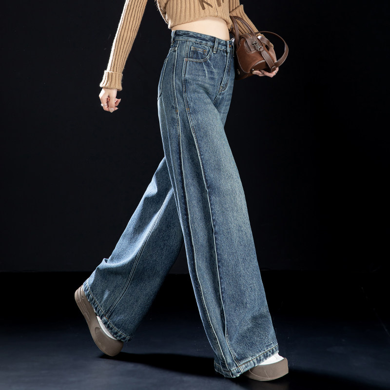 女士蓝色加绒牛仔裤女弯刀阔腿裤