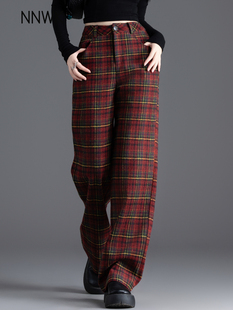 直筒阔腿休闲裤 加厚毛呢裤 今年流行格子加绒裤 2025新款 子女秋冬季