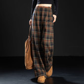 子女2025新款 冬季 加厚毛呢裤 卡其色格子加绒裤 高腰慵懒休闲阔腿裤