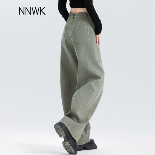 女士牛仔裤女灰绿色弯刀裤小个子