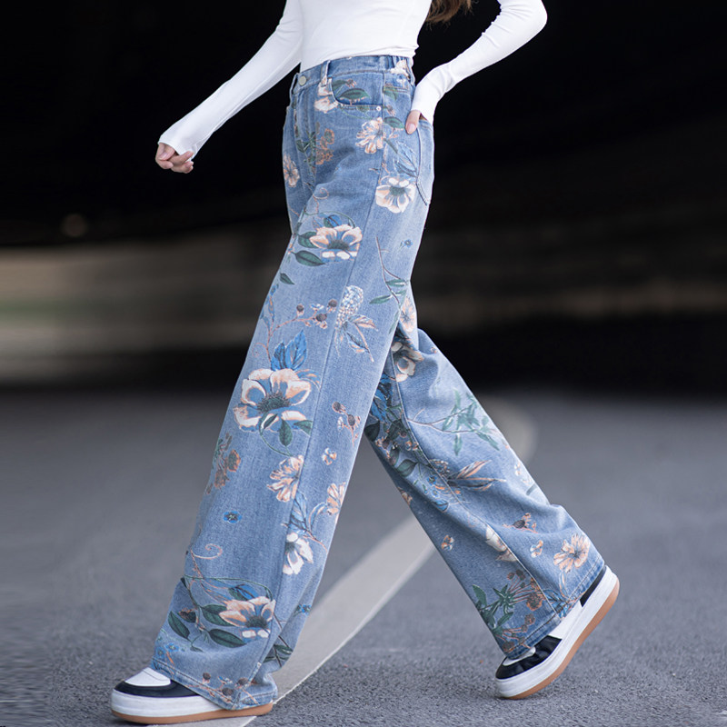 复古印花牛仔裤女2026新款设计感春秋窄版直筒裤宽松阔腿拖地长裤,女装/女士精品,牛仔裤,淘宝优惠券,粉丝福利购,淘宝优惠卷