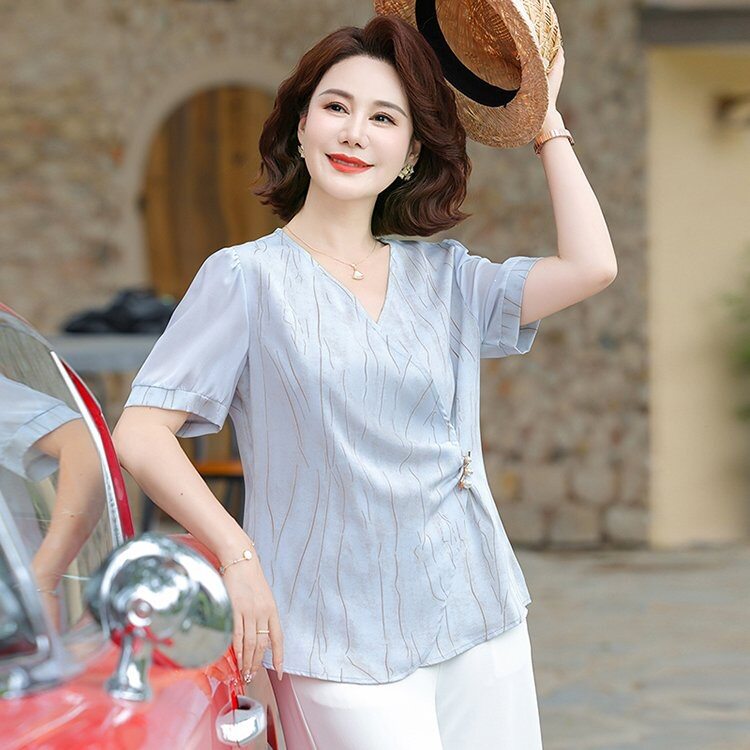 妈妈装夏款上衣服短袖T恤洋气夏天小衫中年女夏天气质T恤中老年女