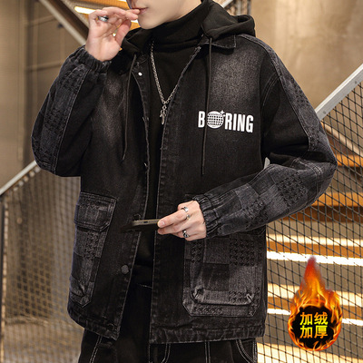 秋冬款加绒加厚外套男青少年棉衣潮流帅气初中学生大童牛仔衣夹克