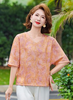 2026短袖t恤女妈妈款夏装雪纺夏天上衣时尚母亲节礼物50岁中老年