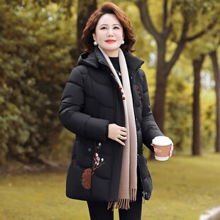 冬天50岁妈妈冬装棉服中长款加绒加厚中老年女冬季外套带帽棉袄子