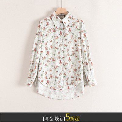 丽系列polo领长袖复古印花前短后长纯棉休闲衬衫女26春装新款撤柜