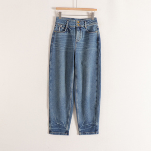 女25冬装 加绒保暖长牛仔裤 新 磨白压纹潮搭老爹裤 丽系列高腰锥形裤