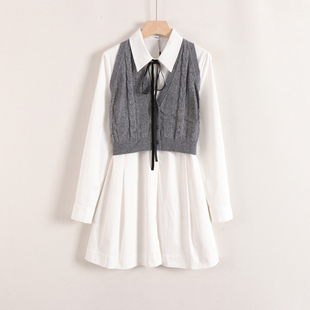 加系列文艺风针织马甲+长款衬衫裙拼色减龄两件套装女26春装新款