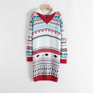 品牌折扣店 新款 丽系列费尔岛复古风翻领宽松直筒长款 毛衣裙25冬装