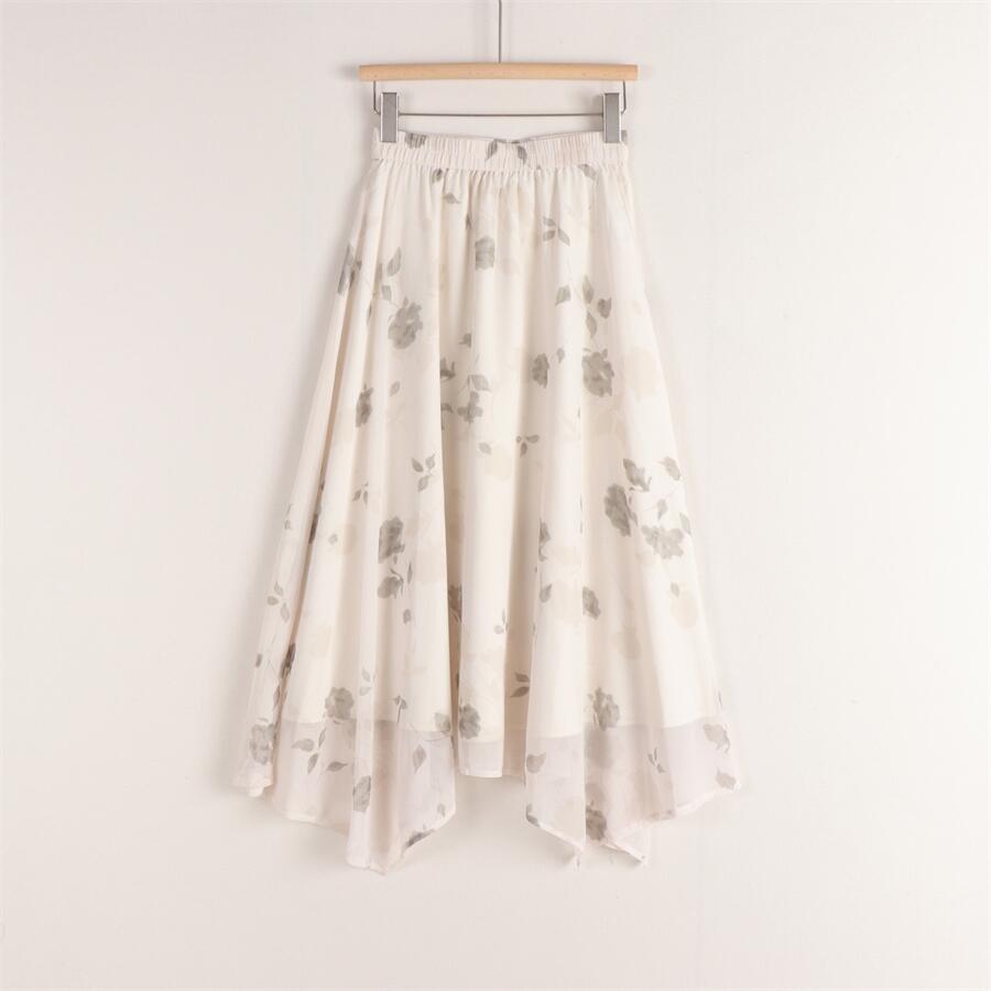 品牌折扣女装国风水墨玫瑰A字松紧高腰不规则大摆雪纺半裙25夏