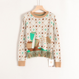 【言】复古童趣费尔岛风印花流苏圆领套头针织毛衫女26春装新款