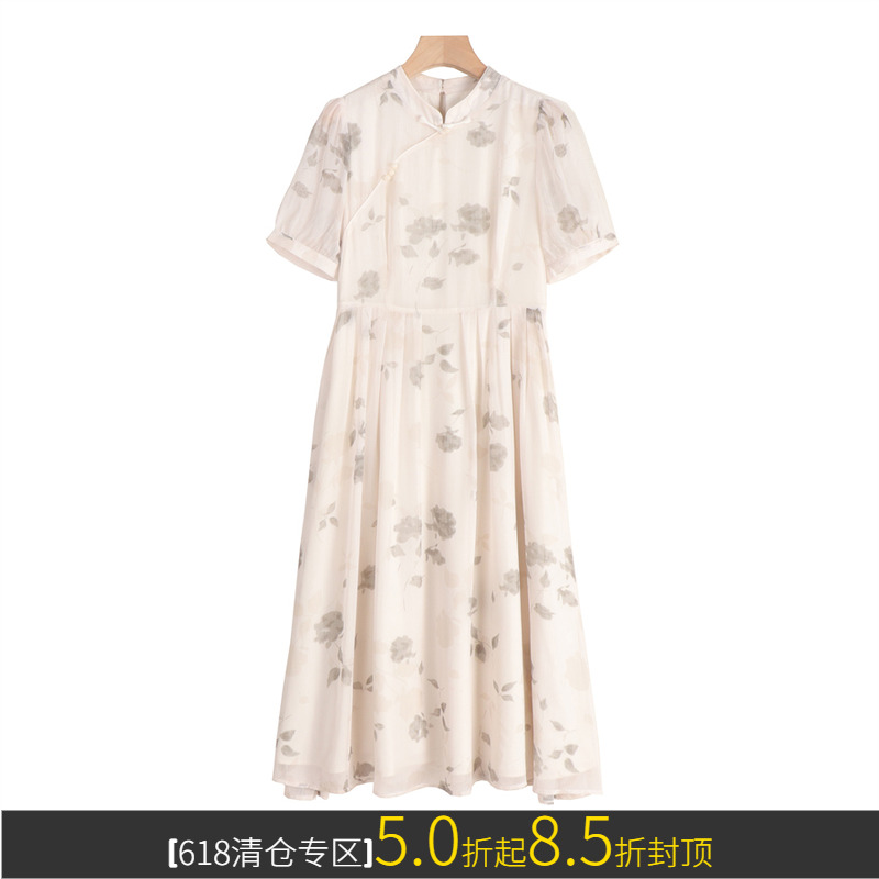 品牌折扣女装新中式复古国风盘扣国画印花优雅长裙雪纺连衣裙25夏