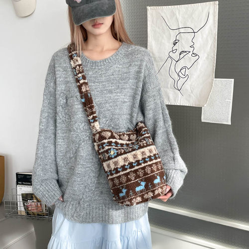 韩国东大门秋冬新款单肩包女毛绒羊羔毛洋气毛呢休闲大容量斜挎包