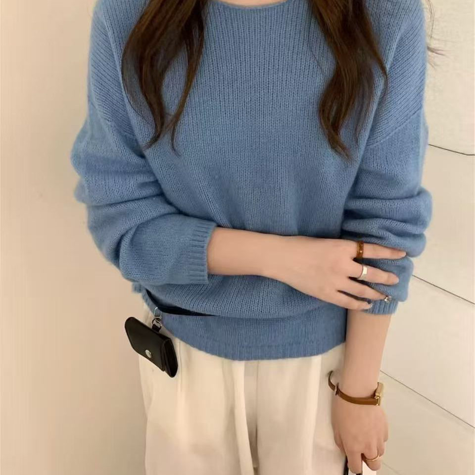 纯色圆领套头毛衣女秋季新款宽松显瘦百搭休闲针织衫打底特0.22